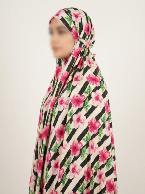 چادر نماز کیسه‌ای مقنعه‌دار طرح “راه‌راه گل‌دار”