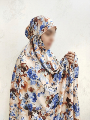 چادر نماز کیسه‌ای طرح گل‌های آبی و قهوه‌ای